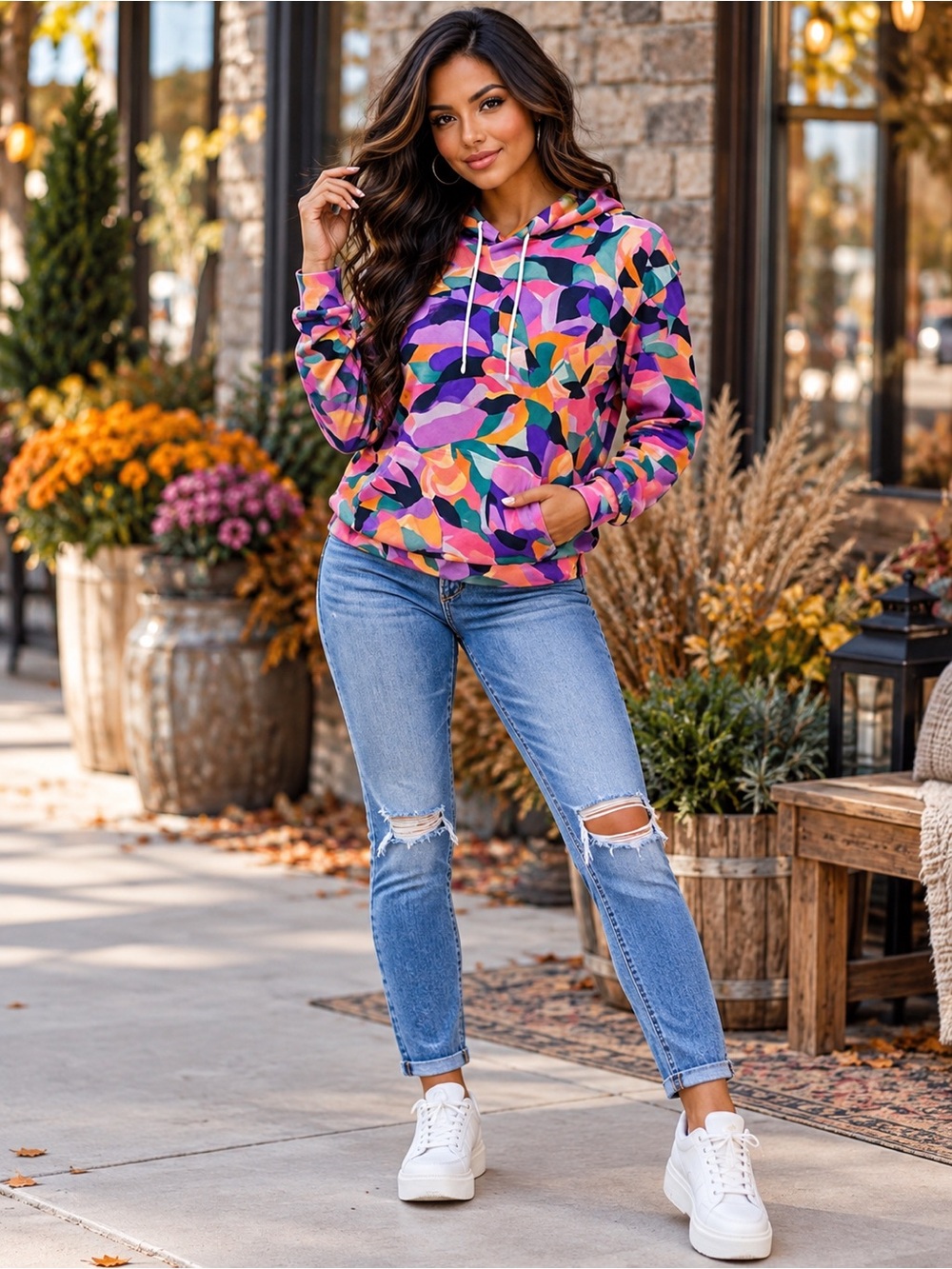 B828. Stylish Multicolor Abstract Print Hoodie for Casual Pullover